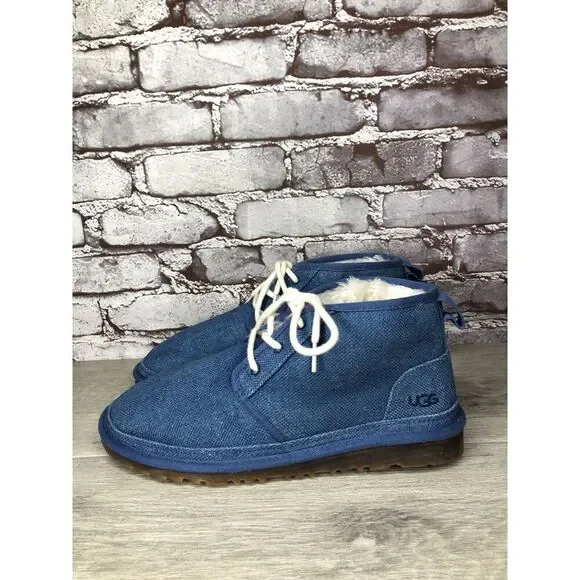 UGG Neumel Blue Fabric Fur WHT Lace Up Chukka Boots Men Sz 43EU/10M US 1117613